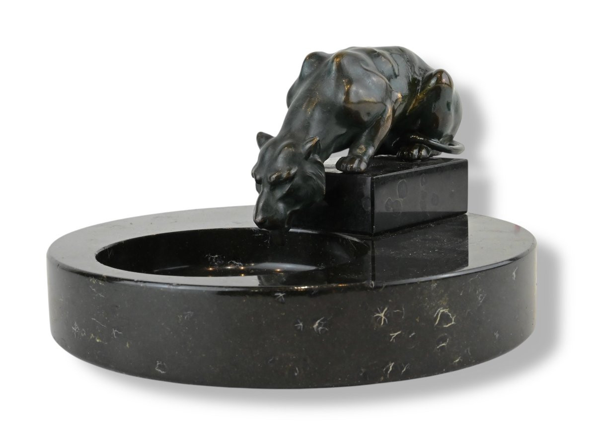 Art Deco Black Marble Tin Tray With Patinated Metal Lioness - France 1920s-photo-3